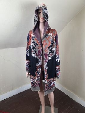 Maxsport Hooded Cardigan Sweater 1X Boho Paisley Knit Open Front Pockets